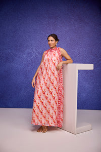 Red Silk Organza Long Dress with Ruffle Detail