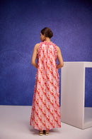 Red Silk Organza Long Dress with Ruffle Detail