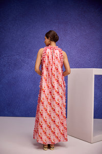 Red Silk Organza Long Dress with Ruffle Detail