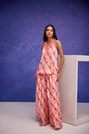 Red Silk Organza Halter Neck Top & Flared Pants