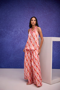 Red Silk Organza Halter Neck Top & Flared Pants