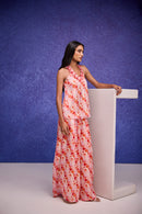 Red Silk Organza Halter Neck Top & Flared Pants