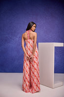 Red Silk Organza Halter Neck Top & Flared Pants