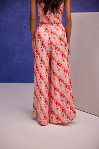 Red Silk Organza Halter Neck Top & Flared Pants