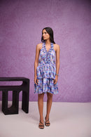 Blue Silk Organza Tier Ruffle Halter Mini