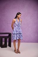 Blue Silk Organza Tier Ruffle Halter Mini