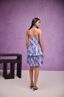 Blue Silk Organza Tier Ruffle Halter Mini