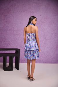 Blue Silk Organza Tier Ruffle Halter Mini