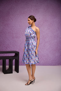 Blue Silk Organza One Shoulder Dress