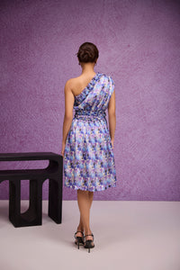 Blue Silk Organza One Shoulder Dress