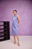 Blue Embroider Gajji Silk Halter Neck Dress