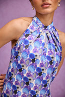 Blue Embroider Gajji Silk Halter Neck Dress