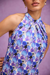 Blue Embroider Gajji Silk Halter Neck Dress