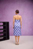 Blue Embroider Gajji Silk Halter Neck Dress
