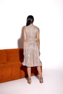 Ivory Glass Organza Embroidered V Neck Gathered Dress