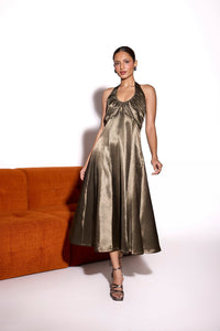 Dusky Olive Satin Bustier Halter Midi