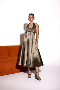 Dusky Olive Satin Bustier Halter Midi