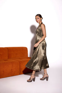 Dusky Olive Satin Bustier Halter Midi