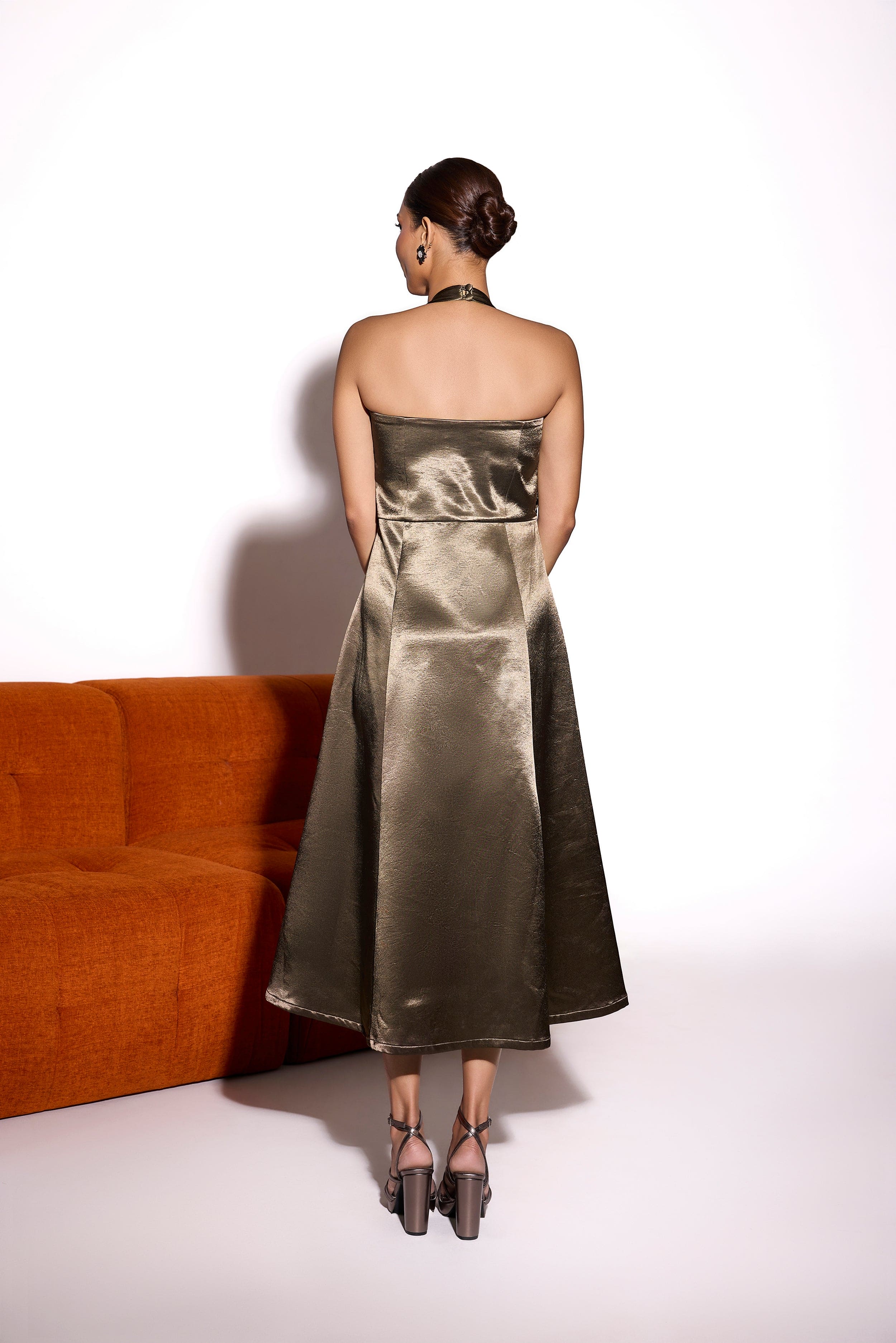 Dusky Olive Satin Bustier Halter Midi