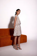 Ivory Glass Organza Embroidered Double Bubble Hem Dress