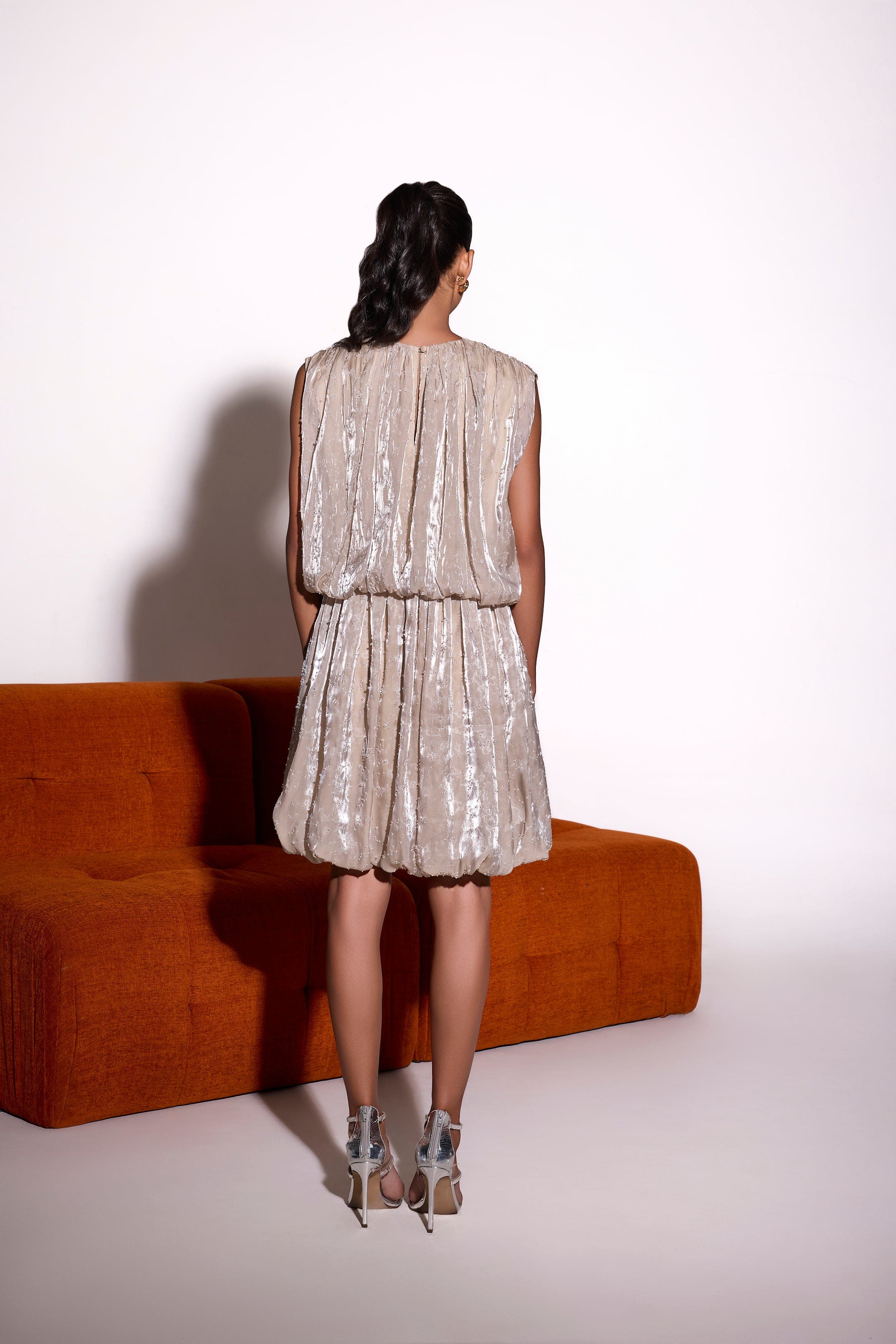 Ivory Glass Organza Embroidered Double Bubble Hem Dress