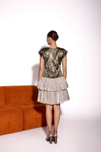 Dusky Olive Satin And Glass Organza Embroidered Two Layered Dress