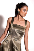 Dusky Olive Satin Emroidered Cross Straped Mini Dress