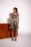 Dusky Olive Satin Emroidered Cross Straped Mini Dress