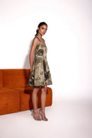 Dusky Olive Satin Emroidered Cross Straped Mini Dress