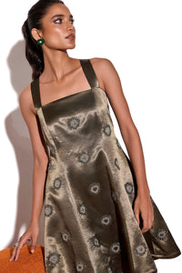 Dusky Olive Satin Emroidered Cross Straped Mini Dress