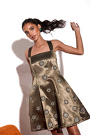 Dusky Olive Satin Emroidered Cross Straped Mini Dress