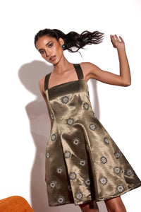 Dusky Olive Satin Emroidered Cross Straped Mini Dress