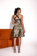Dusky Olive Satin Emroidered Cross Straped Mini Dress