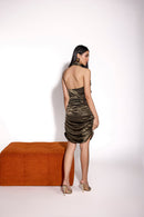 Dusky Olive Satin Cross Strap Halter Dress With Ruched Detail