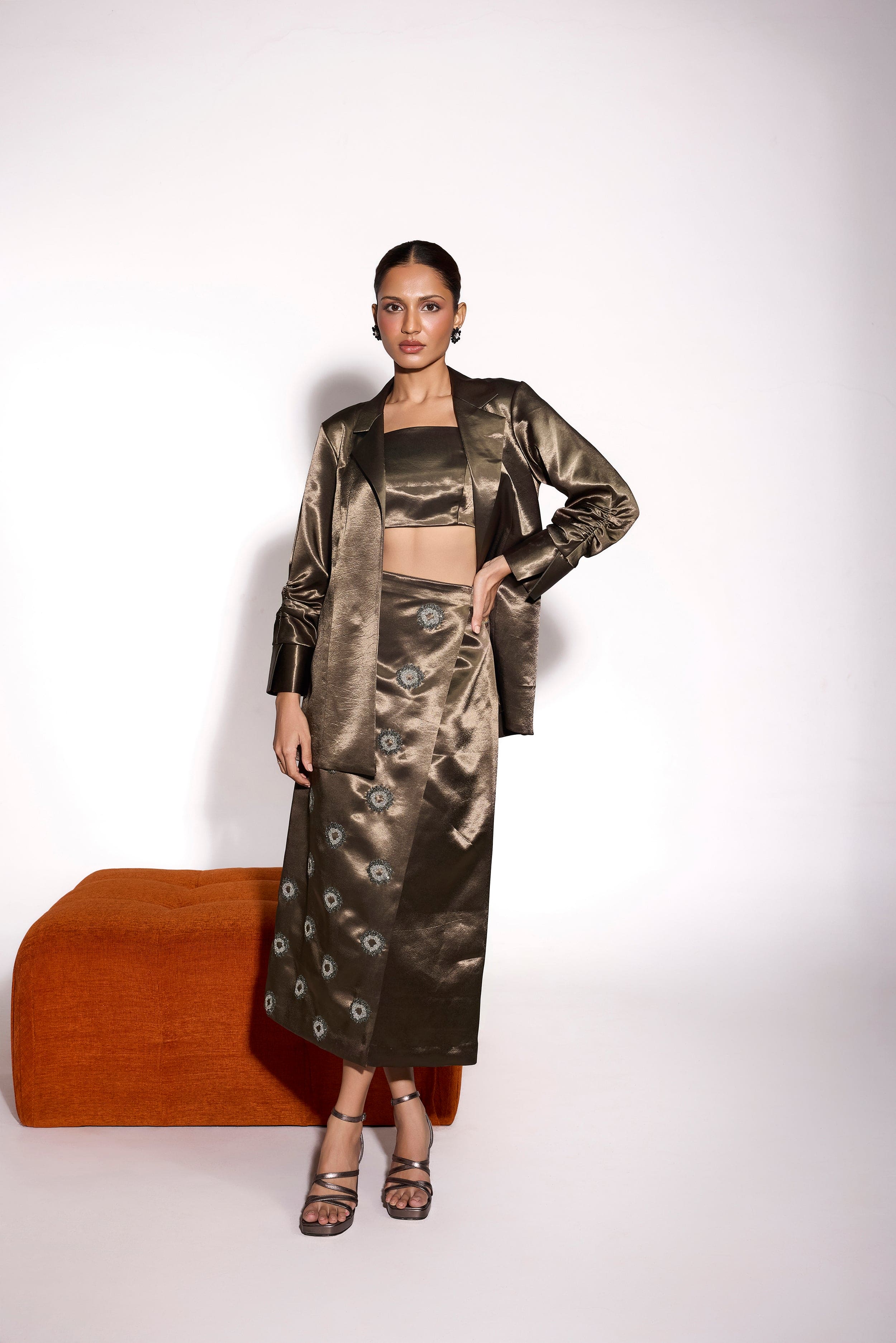 Dusky Olive Satin Embroidered Wrap Long Skirt