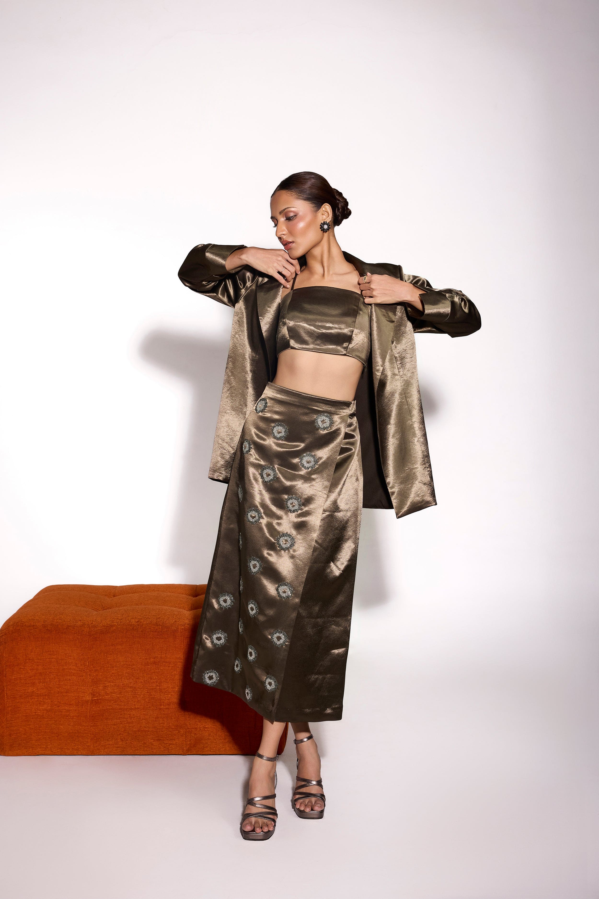 Dusky Olive Satin Embroidered Wrap Long Skirt