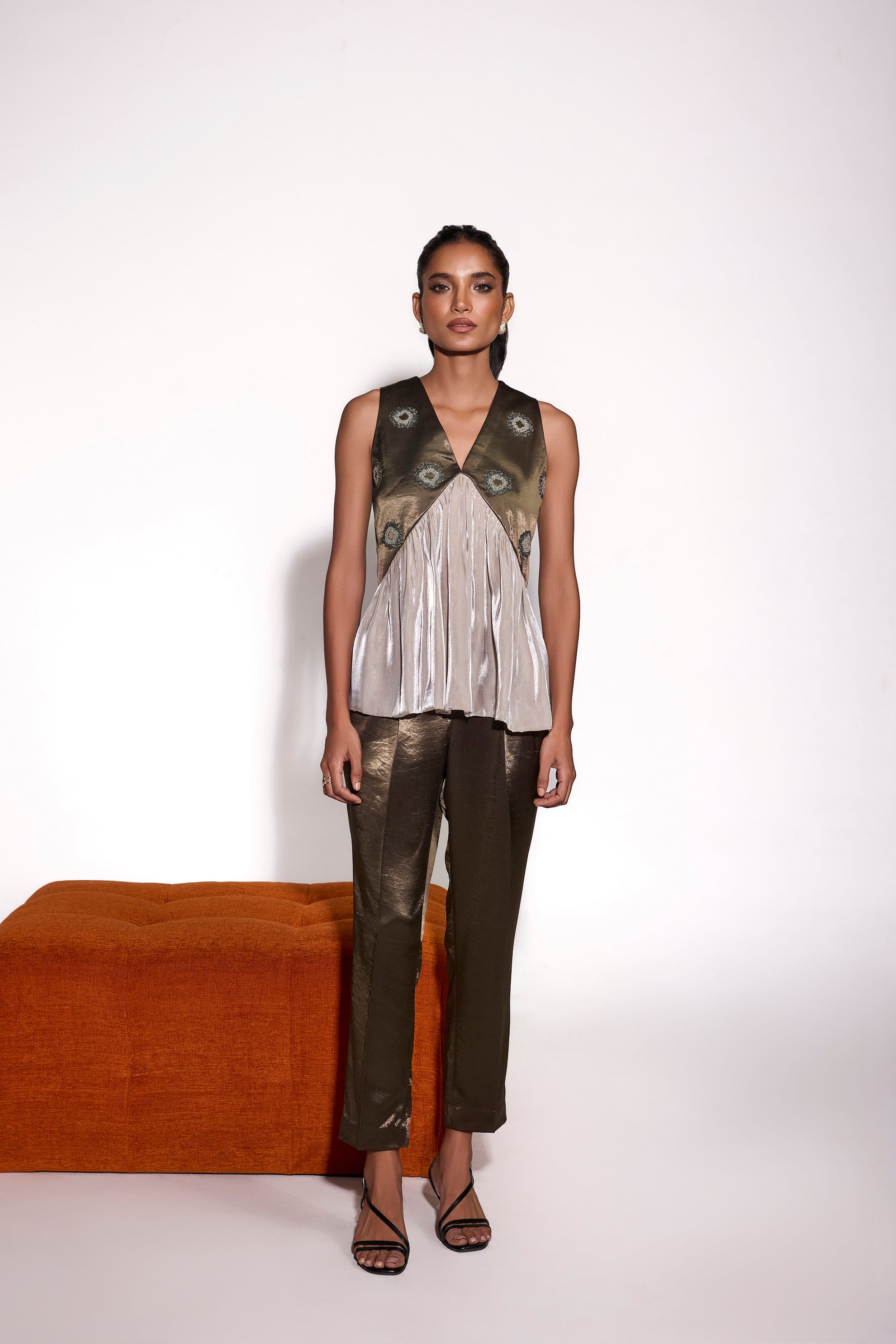 Dusky Olive Satin And Glass Organza Embroidered Top