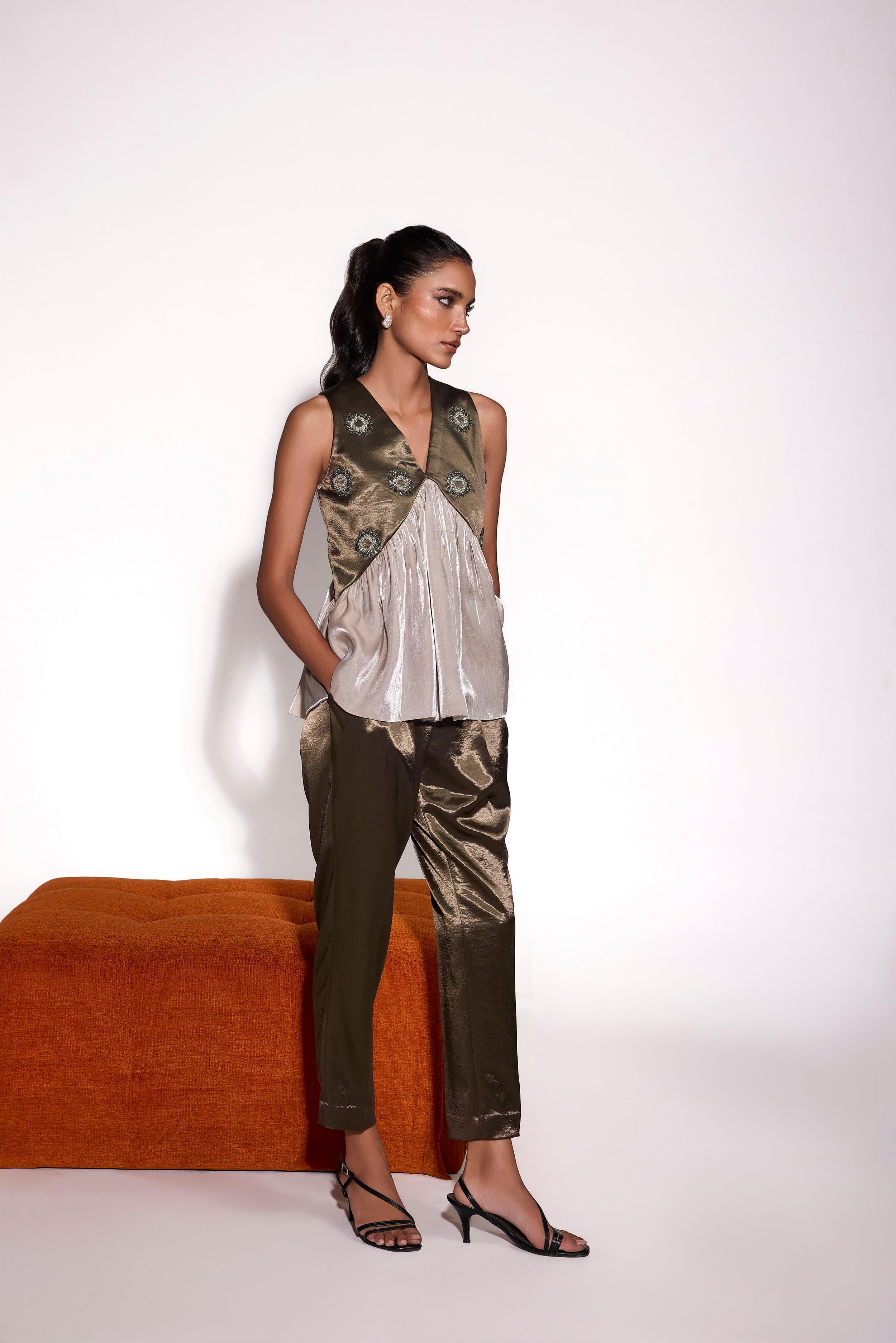 Dusky Olive Satin And Glass Organza Embroidered Top