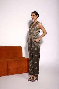 Dusky Olive Satin Embroidered Sleeveless Jumpsuit
