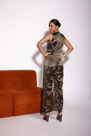 Dusky Olive Satin Embroidered Sleeveless Jumpsuit