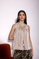 Ivory Glass Organza High Neck Pleated Top