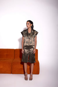 Dusky Olive Satin Embroidered Crop Jacket