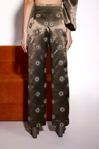 Dusky Olive Satin Embroidered Pant