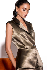 Dusky Olive Satin Lapel Peplum Jacket & Satin Jorts