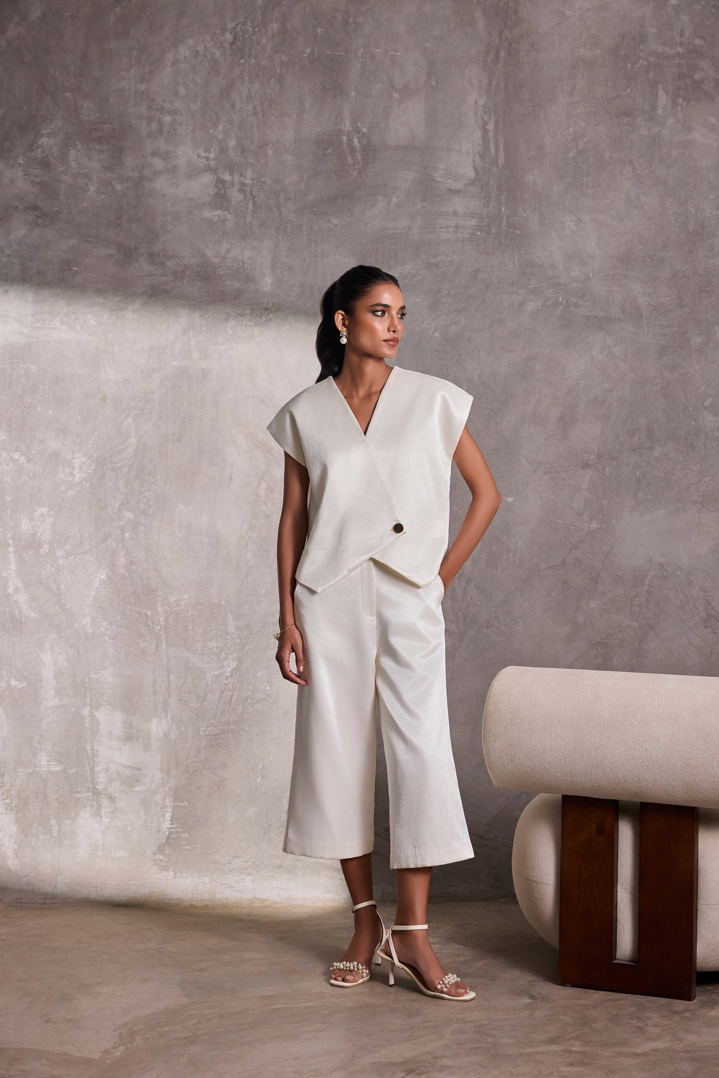 Ivory Gajji Silk Aymmetric Bolero & Gaucho Pants