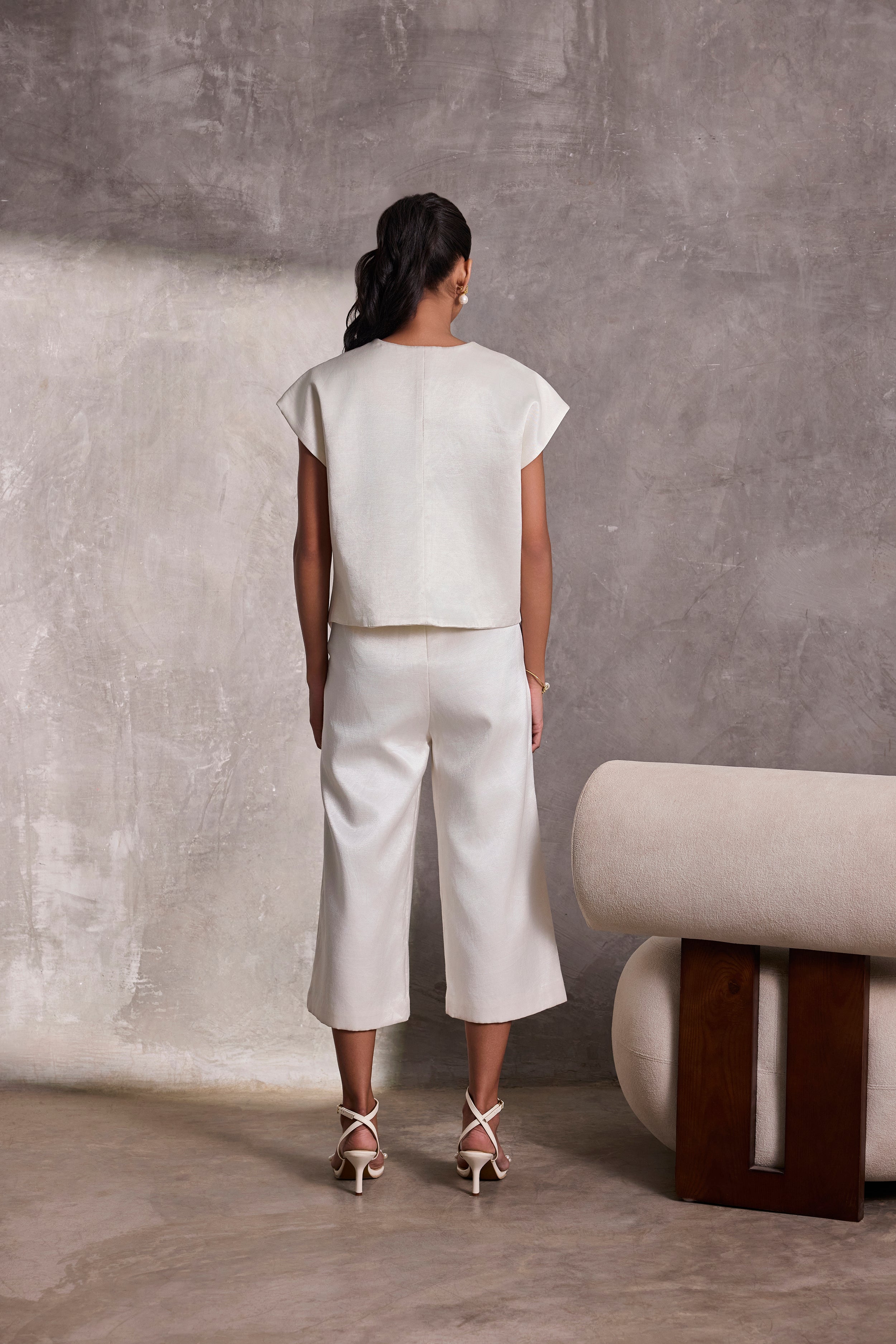 Ivory Gajji Silk Aymmetric Bolero & Gaucho Pants