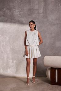 Ivory Gajji Silk Sleeveless Top & Box Pleat Short Skirt