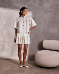 Ivory Gajji Silk Boxy Top & Box Pleat Short Skirt