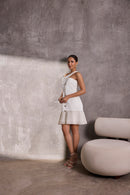 Ivory Gajji Silk One Shoulder Dress with Pleated Organza Bottom