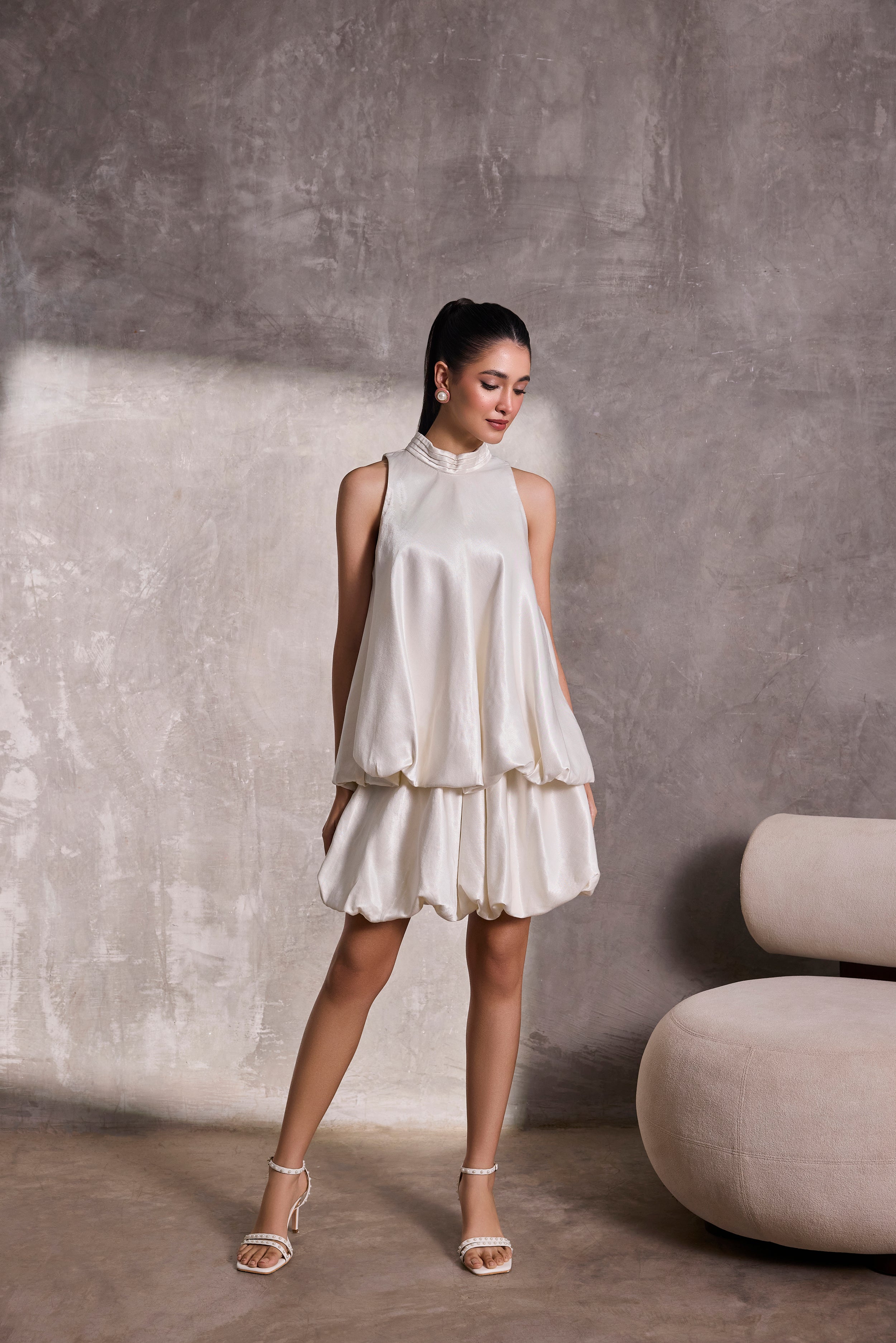 Ivory Gajji Silk Bubble Hem Halter Top & Mini Bubble Skirt